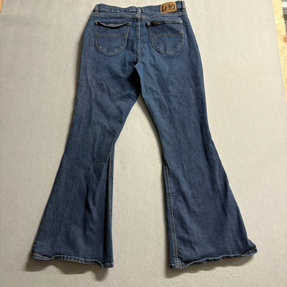 Lee Flare Leg Jeans Womens 12 Short Blue Denim Stretch Mid Rise High Rise