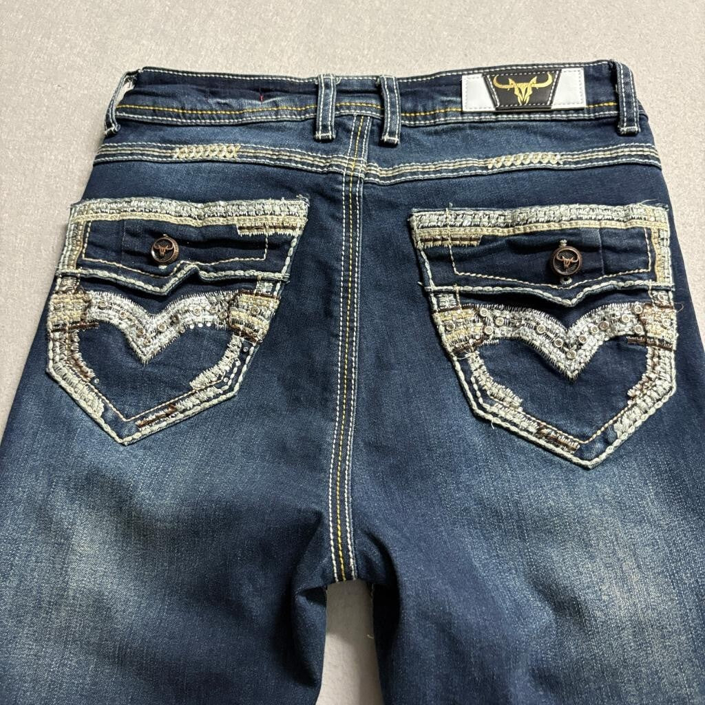 Platini Boot Cut Jeans Mens Size 11 Blue Distressed Thick Stitch Embroidered