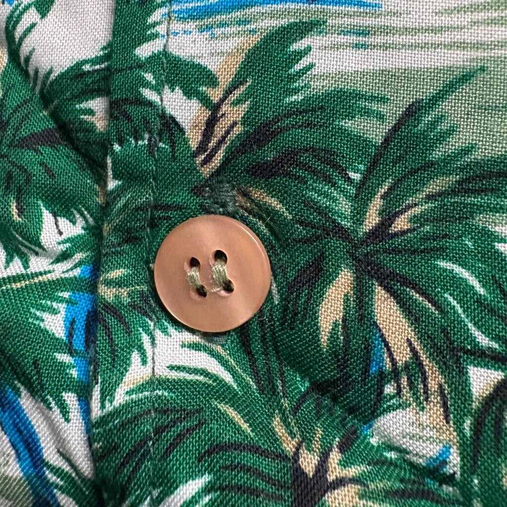 Sunset Highway Hawaiian Shirt Mens XL Green Rayon Tropical Palm Tree Boat Nepal