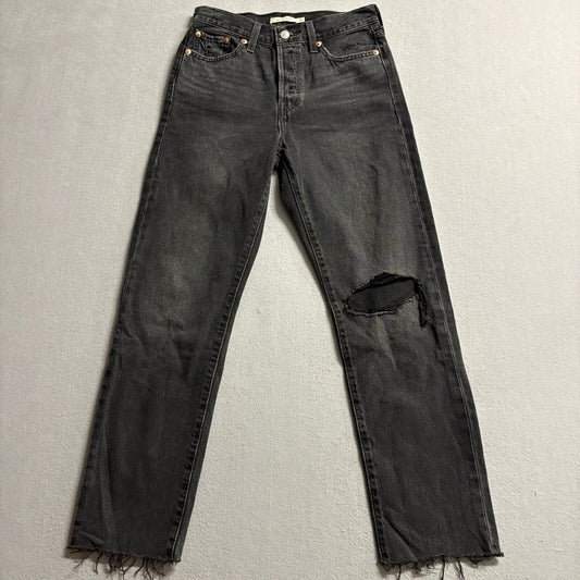 Levi's Premium Wedgie Straight Jeans Womens 26 Black Distressed Raw Hem Denim