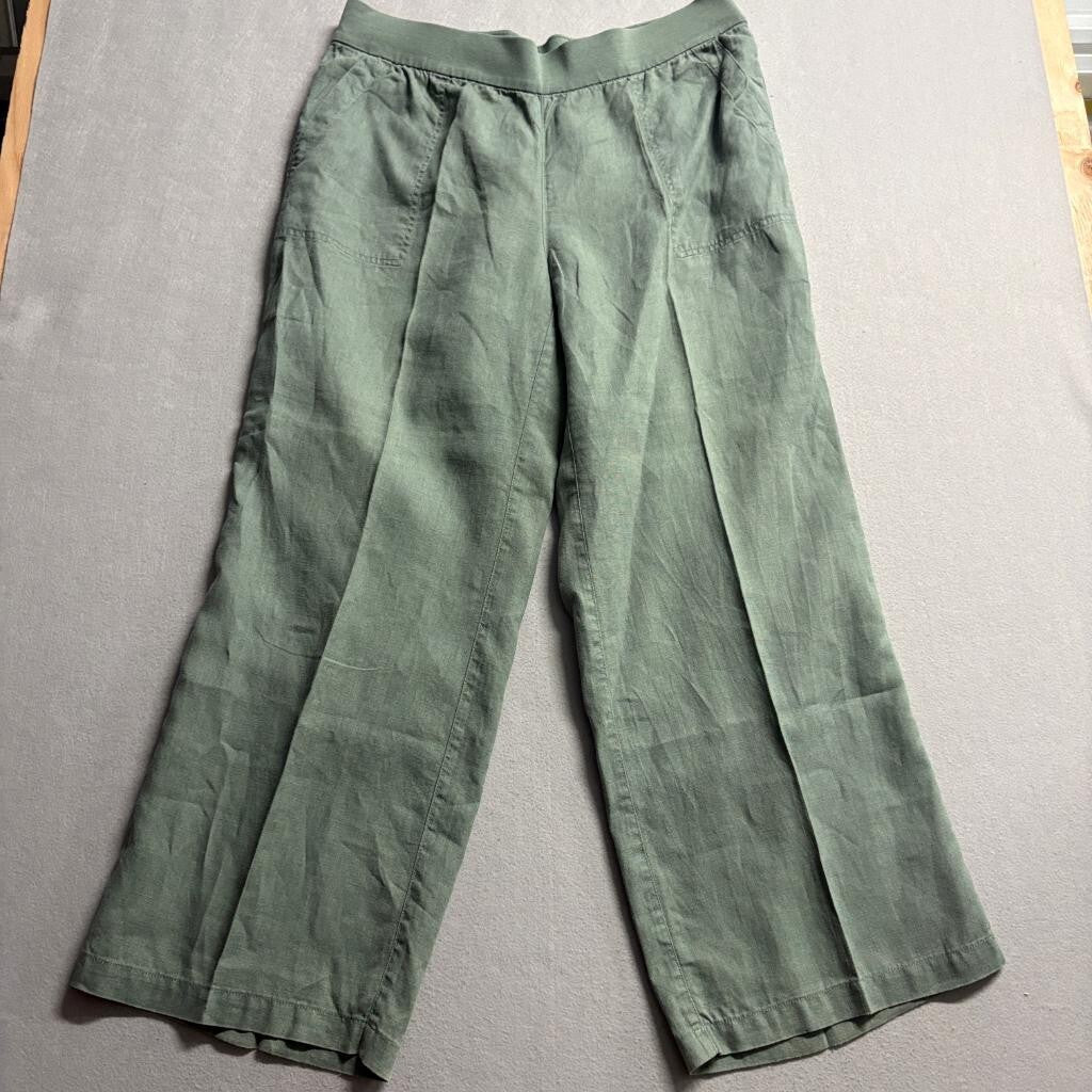 Lands End Linen Pants Womens 18 Green Wide Leg Elastic Waist Pull On Casual