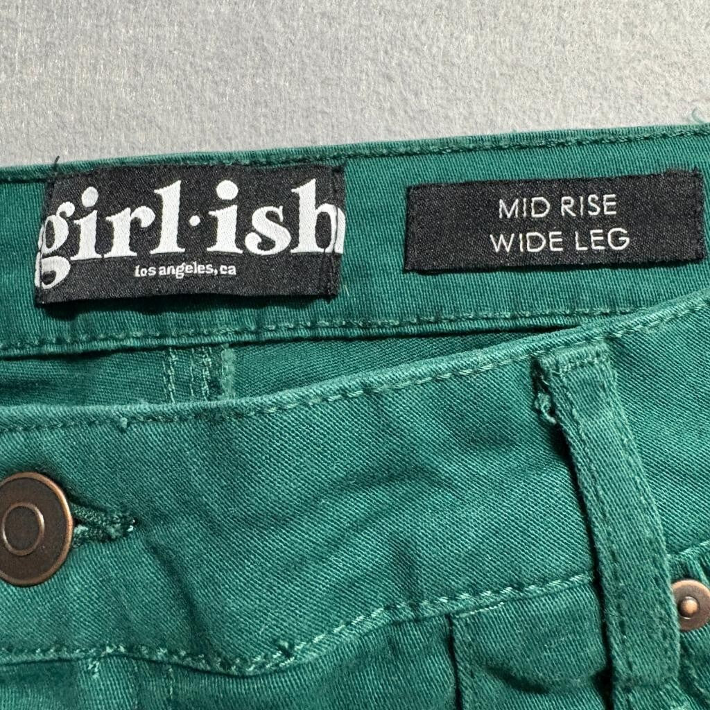 Girl-ish Mid Rise Wide Leg Cargo Utility Pants Womens 13/31 Green Stretch Cotton