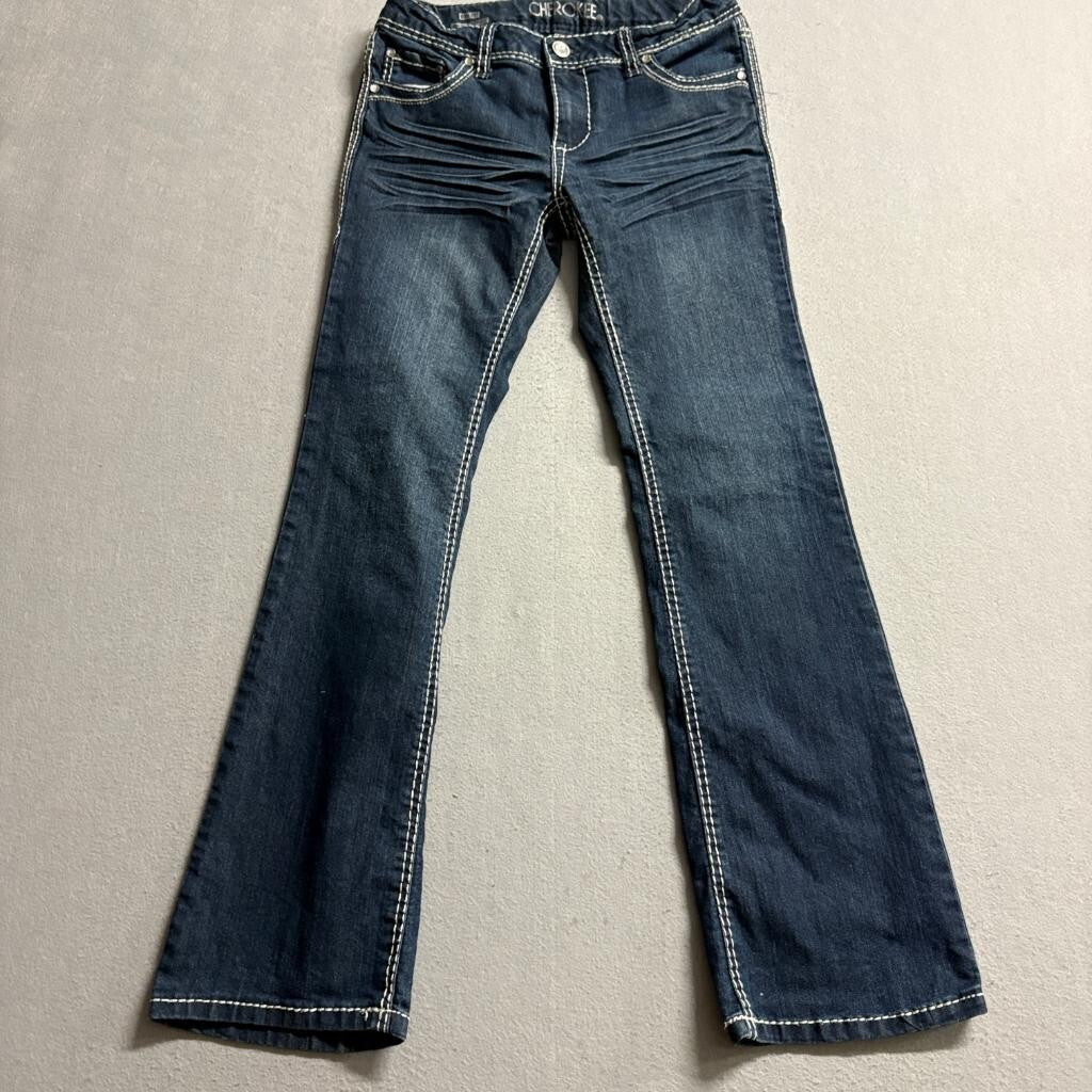Cherokee Girls Bootcut Jeans Size 14 Dark Wash Thick Stitch Rhinestone Button