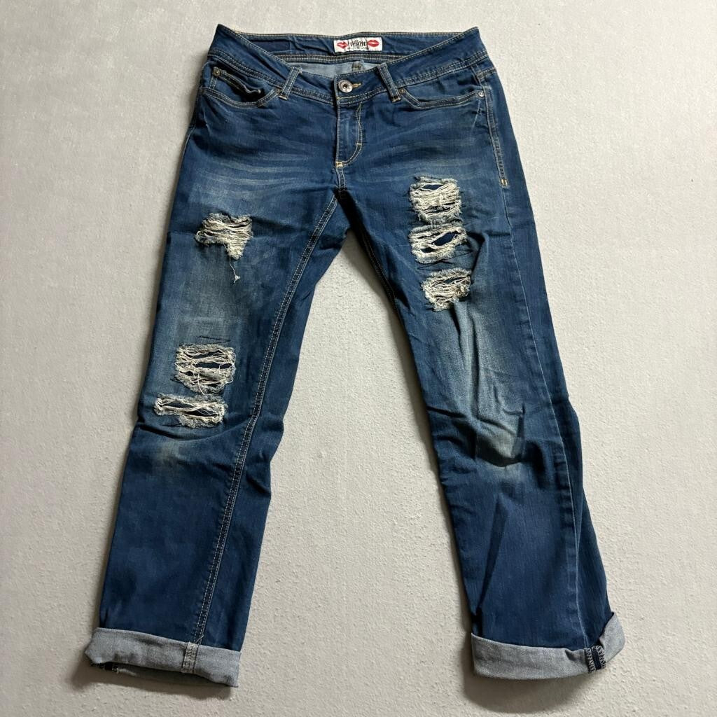 WAM What About Me Distressed Crop Jeans Womens Size 5/6 Blue Denim Cuffed