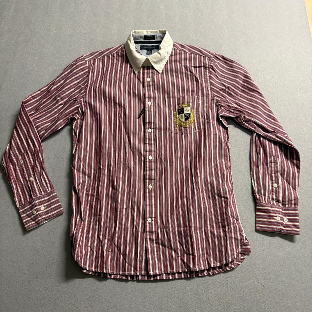 Tommy Hilfiger Shirt Mens Medium Red White Striped Custom Fit Crest Logo Long