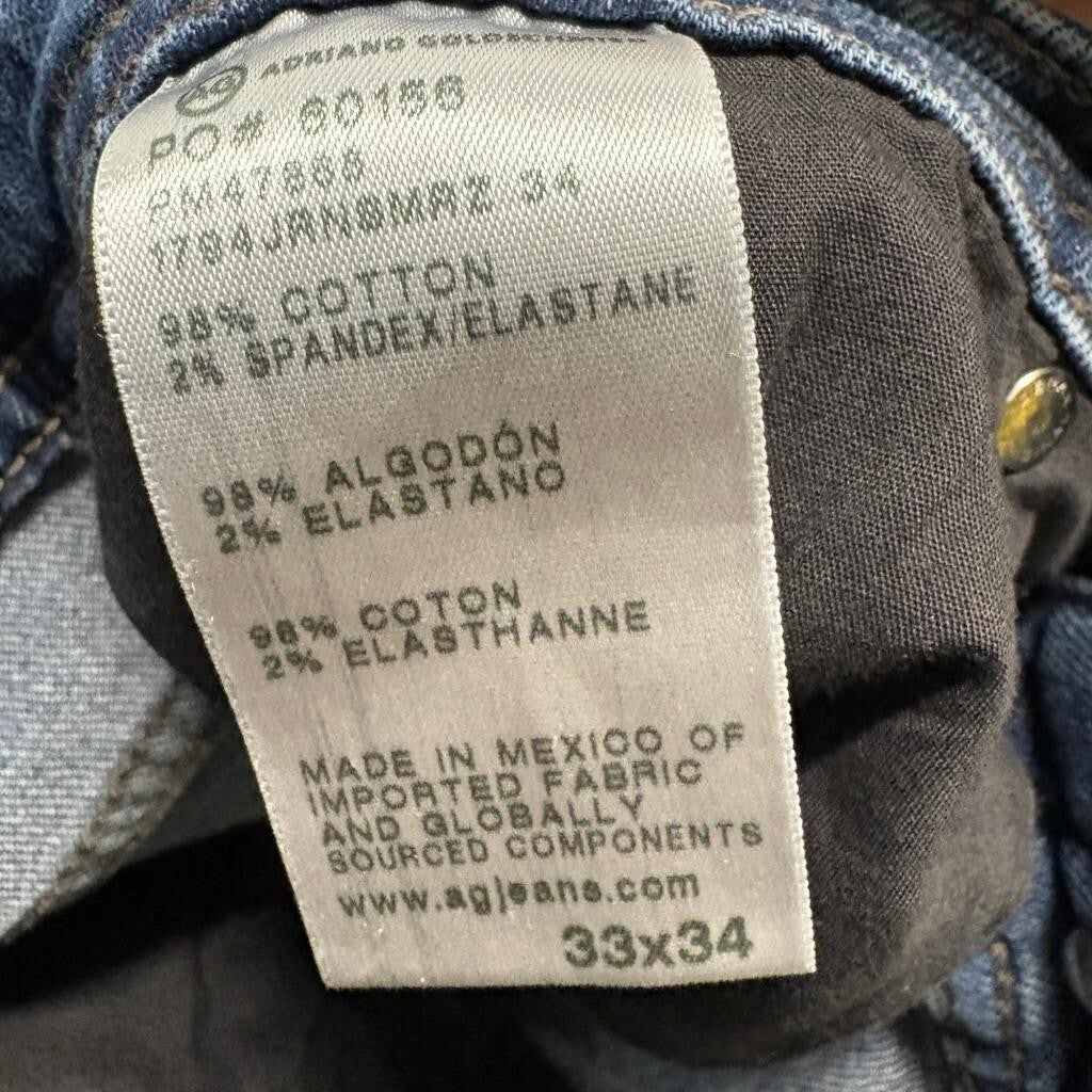 AG Adriano Goldschmied Everett Slim Straight Jeans Mens 33x34 Blue Italian