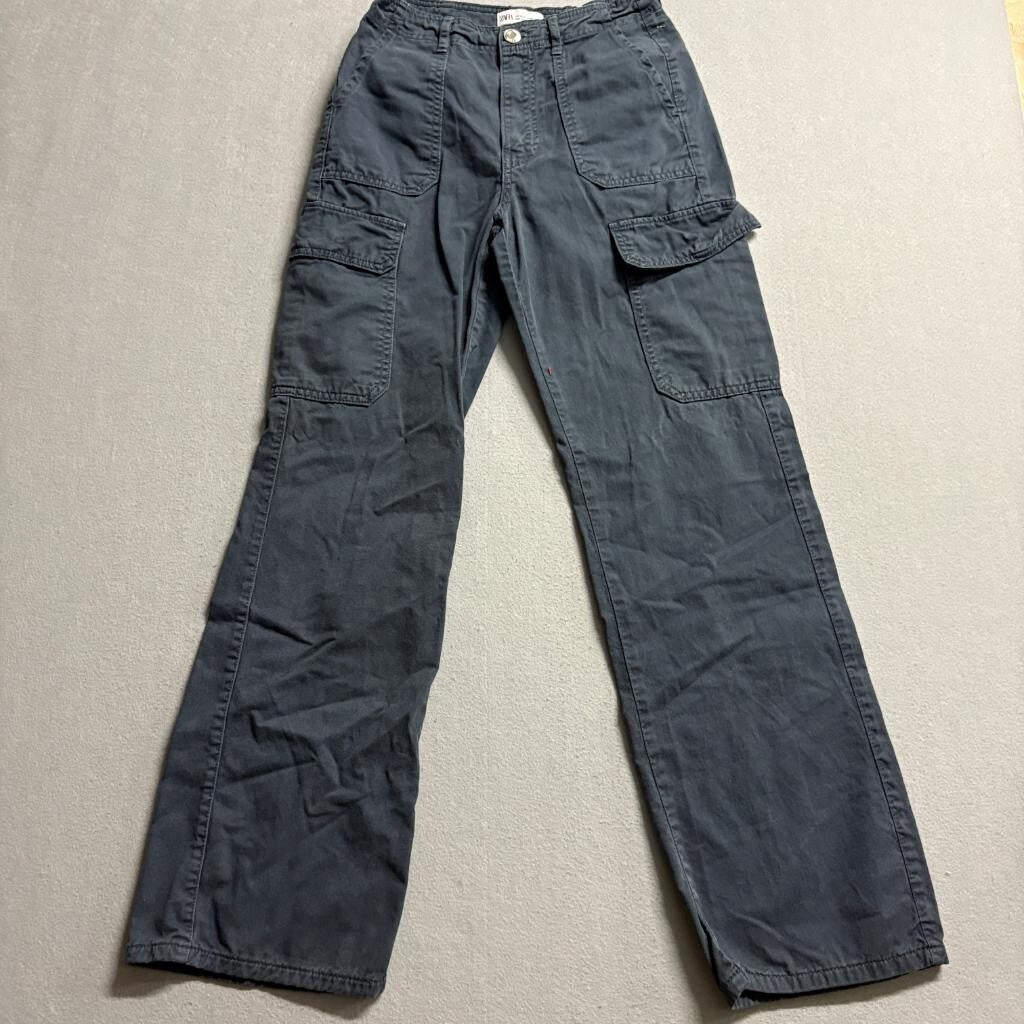 Zara Womens Cargo Pants Size 0 Gray Cotton Wide Leg Utility Pockets Casual