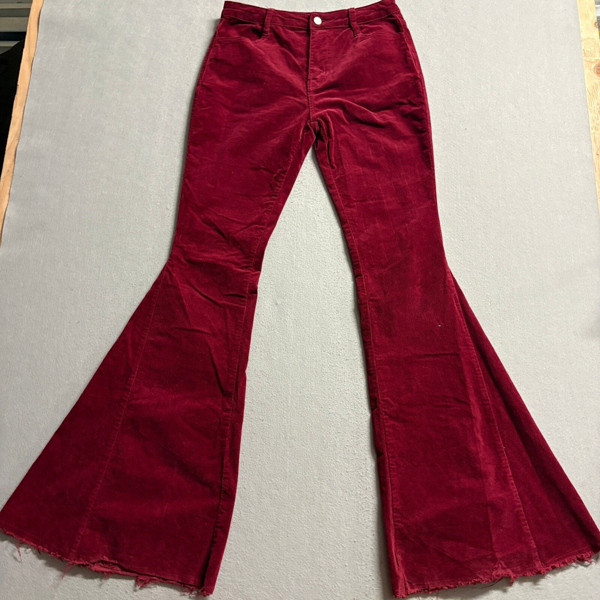 Saints & Hearts Corduroy Flare Pants Large Red Raw Hem High Rise Stretch Bell