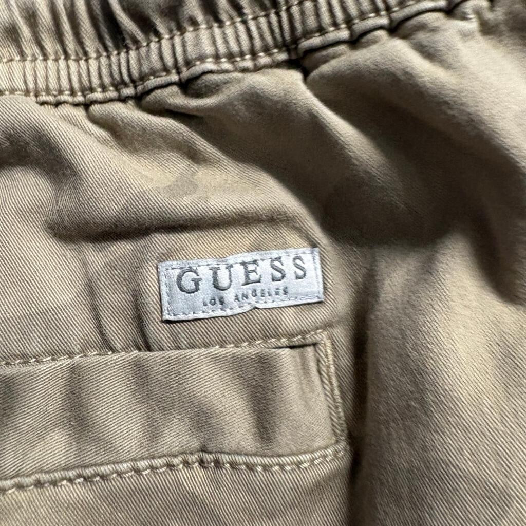 Guess Los Angeles Mens Small Camo Jogger Pants Khaki Logo Tape Side Stripe