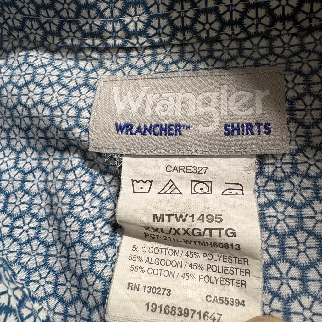 Wrangler Wrancher Western Shirt Mens XXL Blue Geometric Pearl Snap Long Sleeve