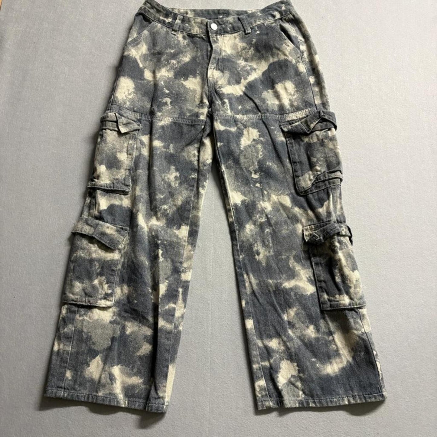 Shein Tie Dye Cargo Pants Womens Size 30 Gray White Acid Wash Wide Leg Utility
