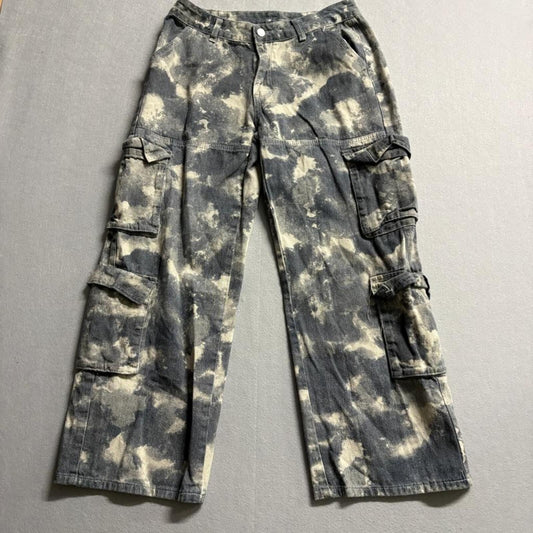 Shein Tie Dye Cargo Pants Womens Size 30 Gray White Acid Wash Wide Leg Utility