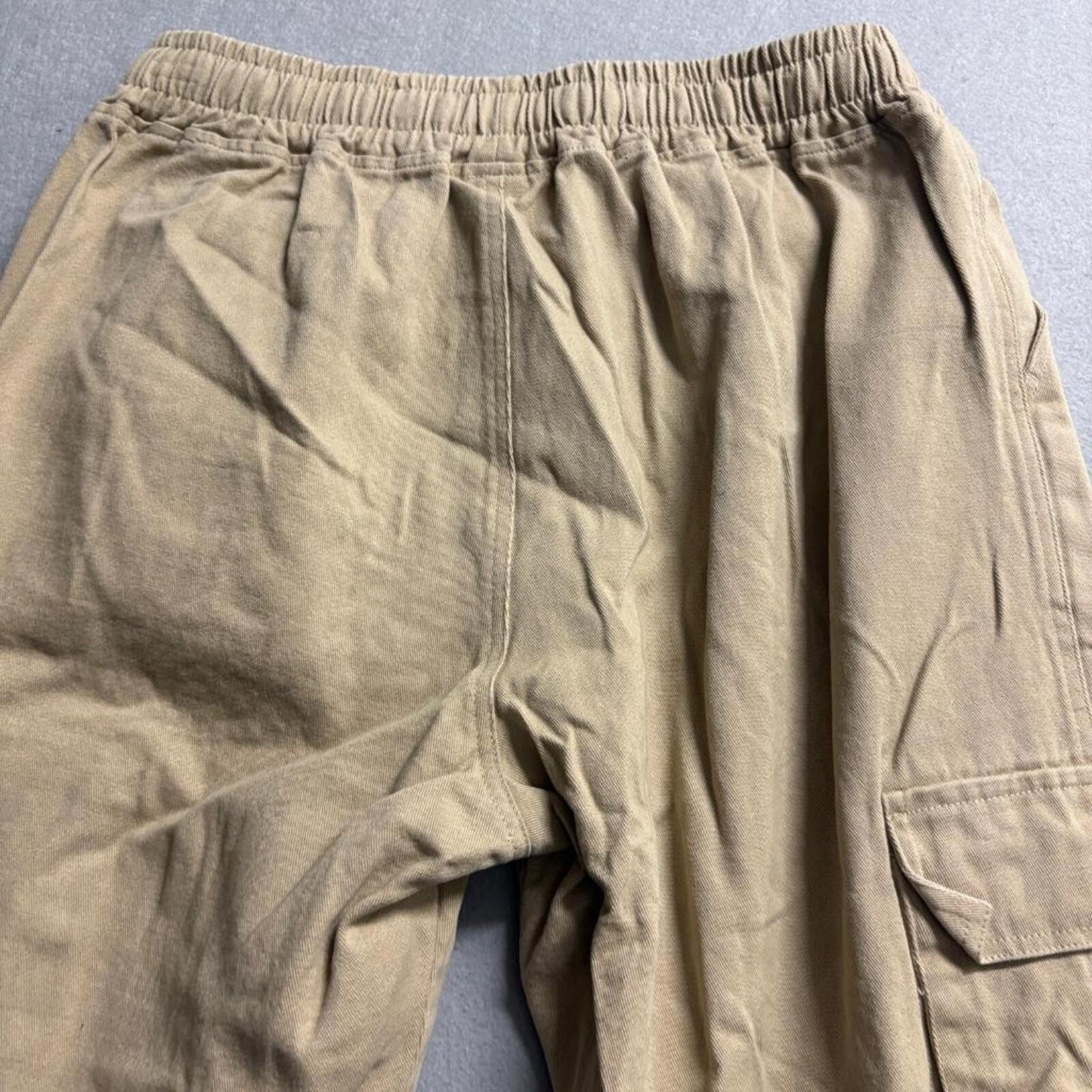 Unbranded Mens Cargo Pants Size L Beige Twill Elastic Waist Drawstring Hem