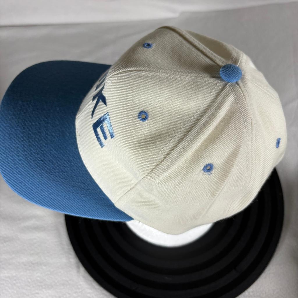 Vintage Nike Spellout Snapback Hat Kee & Ed Apparel USA Cream Blue Cap