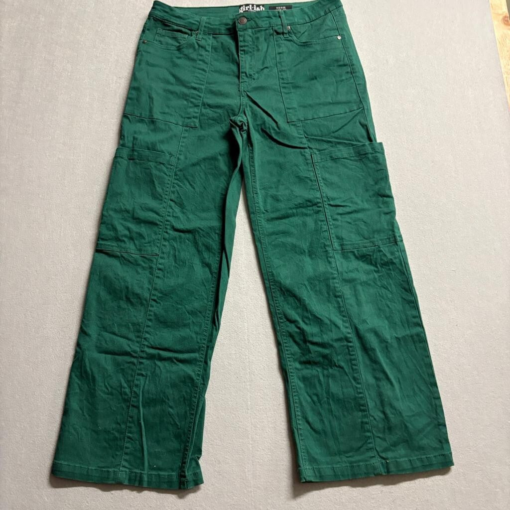 Girl-ish Mid Rise Wide Leg Cargo Utility Pants Womens 13/31 Green Stretch Cotton