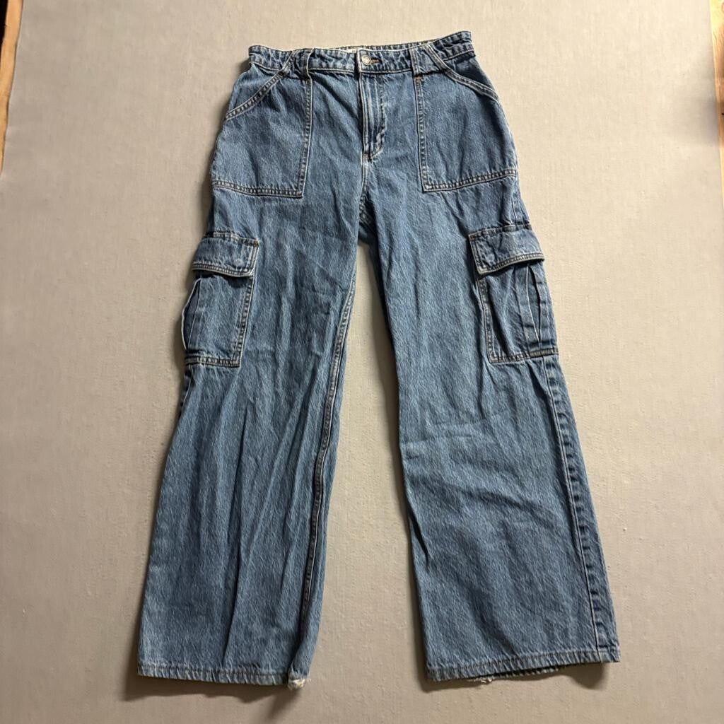 Cotton On Relaxed Cargo Jeans Womens Size 28 Blue Denim Wide Leg High Rise Flaw