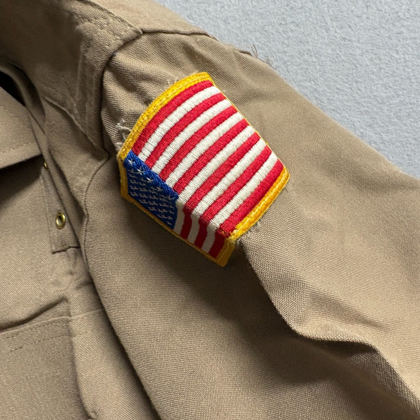 Vintage Security Uniform Shirt USA Flag Patch Khaki Tag L Fits Like L Workwear