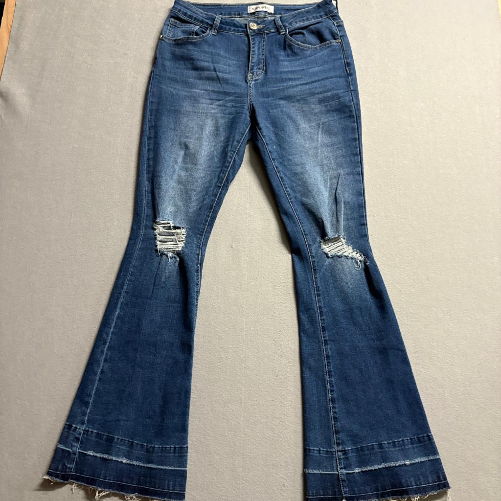 Vipones Distressed Flare Jeans Womens Size 6 Blue Denim Ripped Knee Frayed Hem
