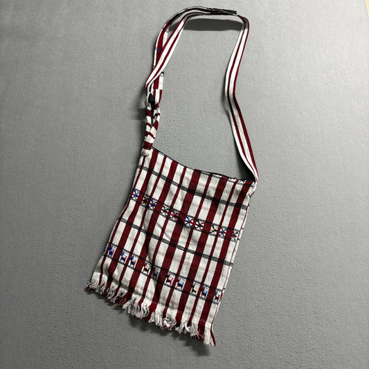 Vintage Handwoven Peruvian Llama Crossbody Bag Red White Striped Fringe Boho