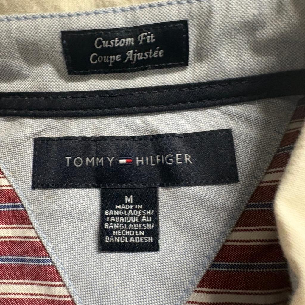 Tommy Hilfiger Shirt Mens Medium Red White Striped Custom Fit Crest Logo Long