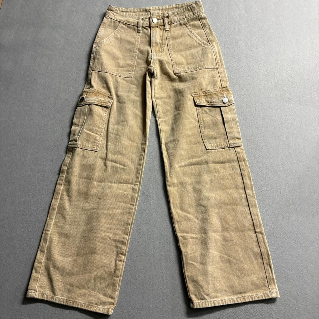 Shein Petite XXS Tan Brown Cargo Pants Womens Wide Leg High Rise Cotton Denim