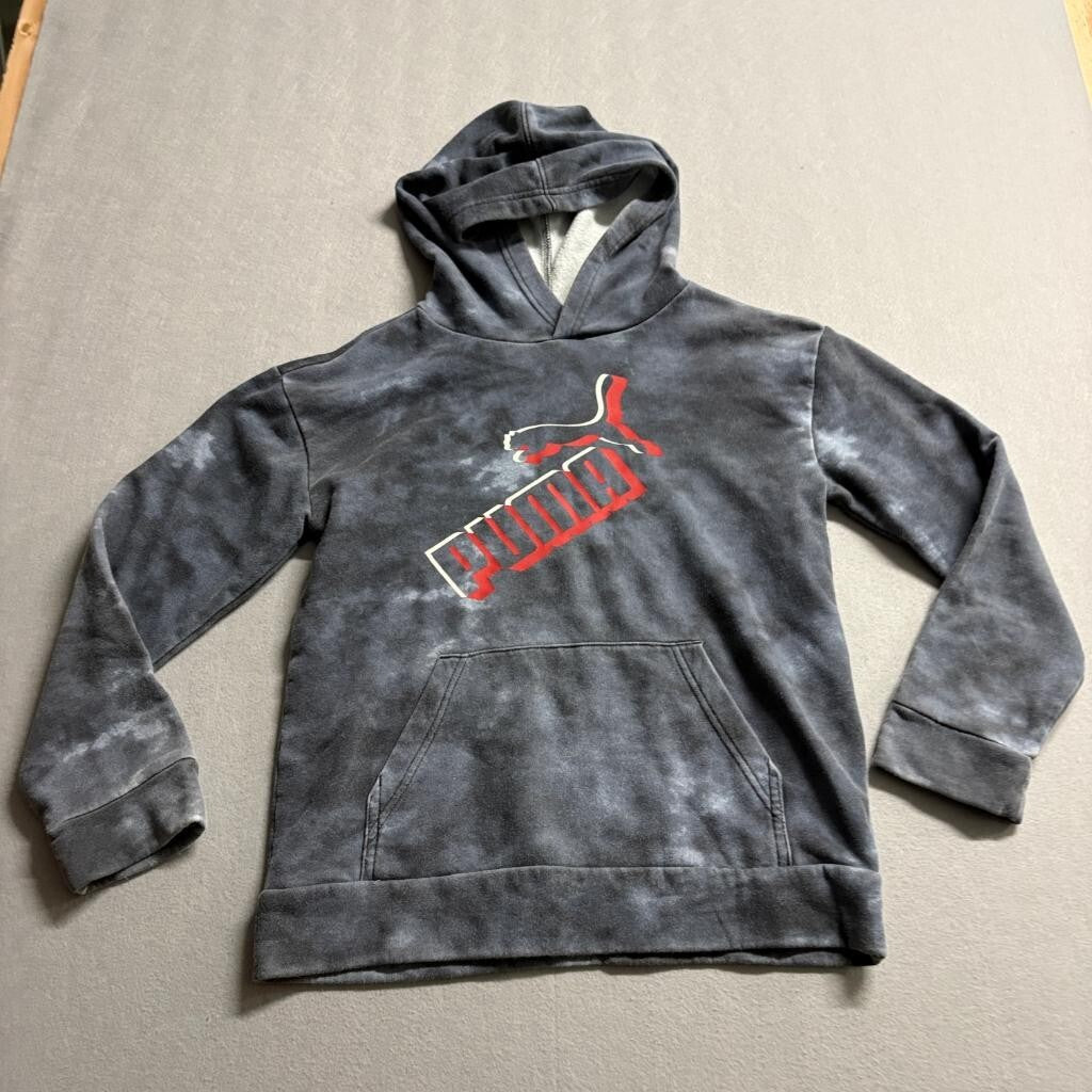 Puma Boys Hoodie Size L 14-16 Gray Tie Dye Big Logo Fleece Pullover Sweatshirt