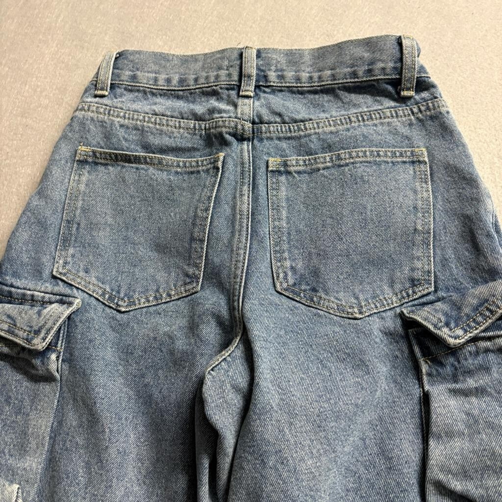 Aqua Cargo Jeans Womens XS Blue Denim Wide Leg High Rise 100% Cotton Utility