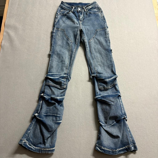 Unbranded Stacked Flare Jeans Womens XS Blue Denim High Rise Ruched Cargo Pocket