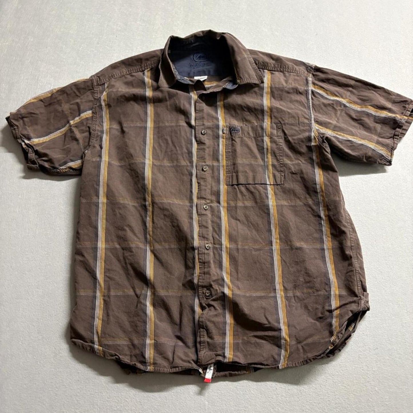 Ecko Unltd Mens XL Brown Striped Short Sleeve Button Up Woven Cotton Shirt Y2K