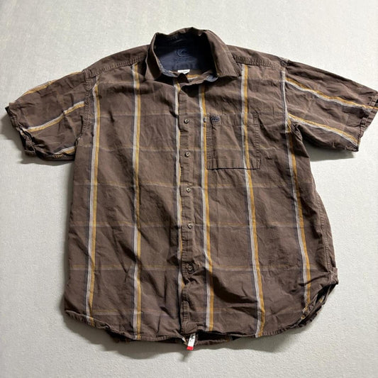 Ecko Unltd Mens XL Brown Striped Short Sleeve Button Up Woven Cotton Shirt Y2K