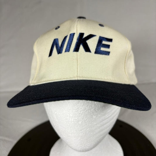 Vintage Nike Spellout Snapback Hat Cream Navy Blue Ace Tag Made in Korea Cap