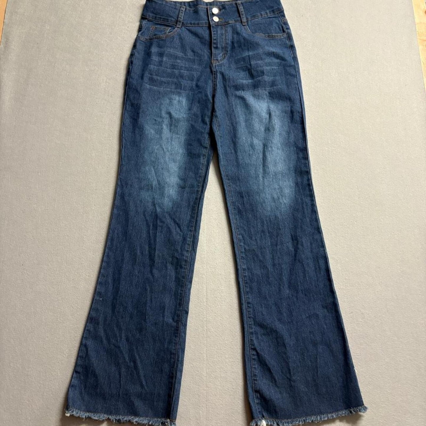 Unbranded Womens High Rise Wide Leg Flare Jeans Blue Denim Frayed Hem Size