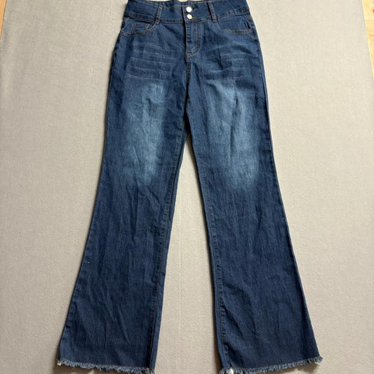Unbranded Womens High Rise Wide Leg Flare Jeans Blue Denim Frayed Hem Size