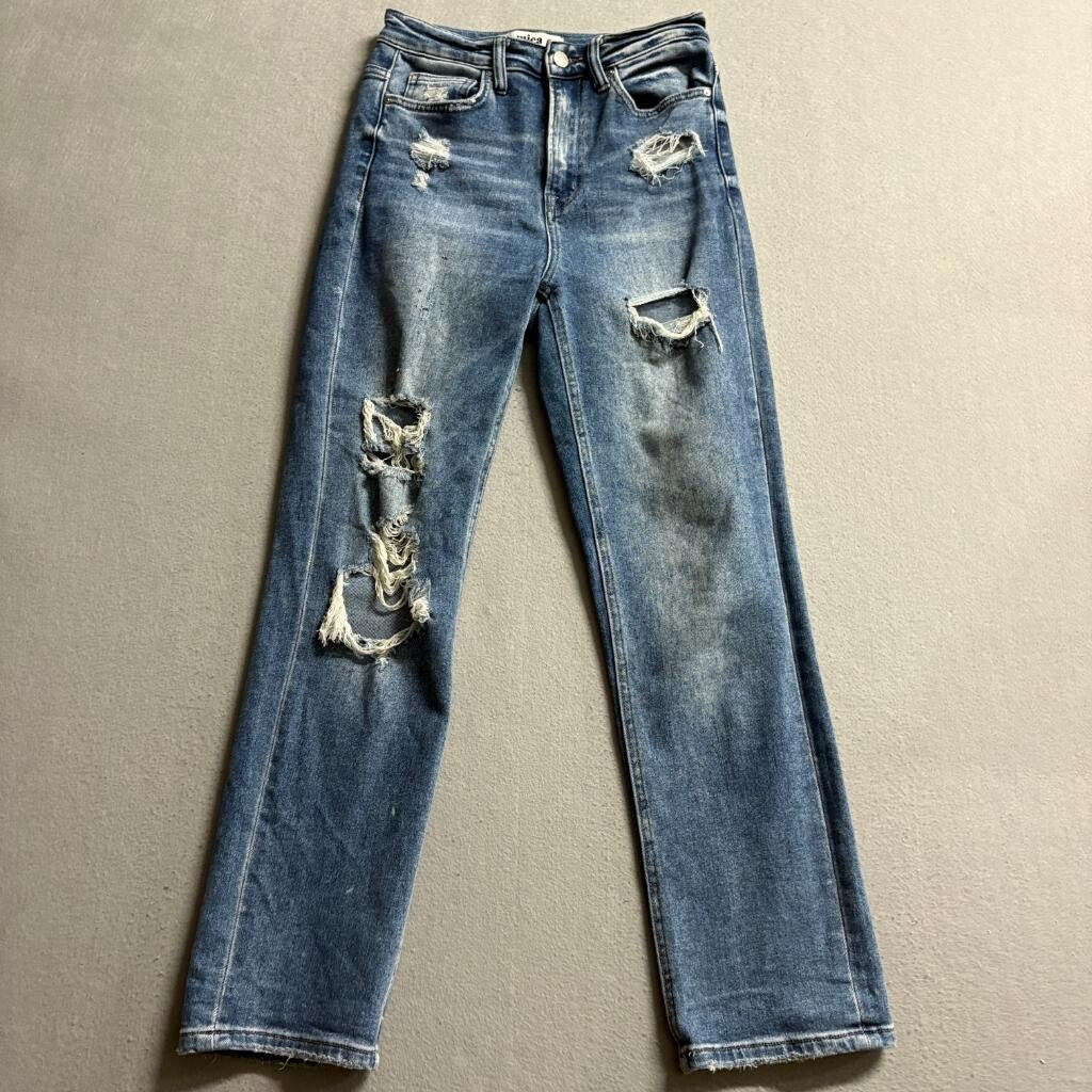 Mica Denim Distressed Straight Leg Jeans Womens Size 25 Blue High Rise Ripped