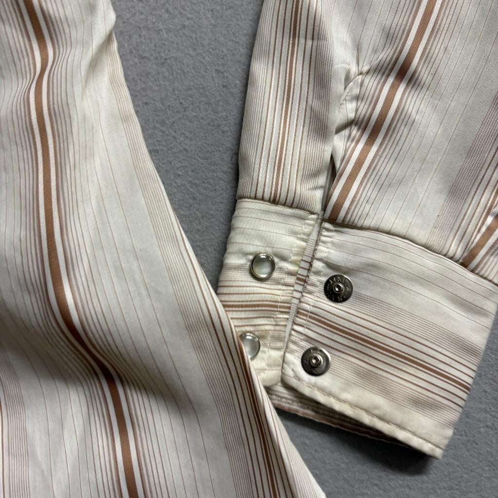 Vintage 70s Western Pearl Snap Shirt Mens Medium Beige Brown Stripe Made in USA