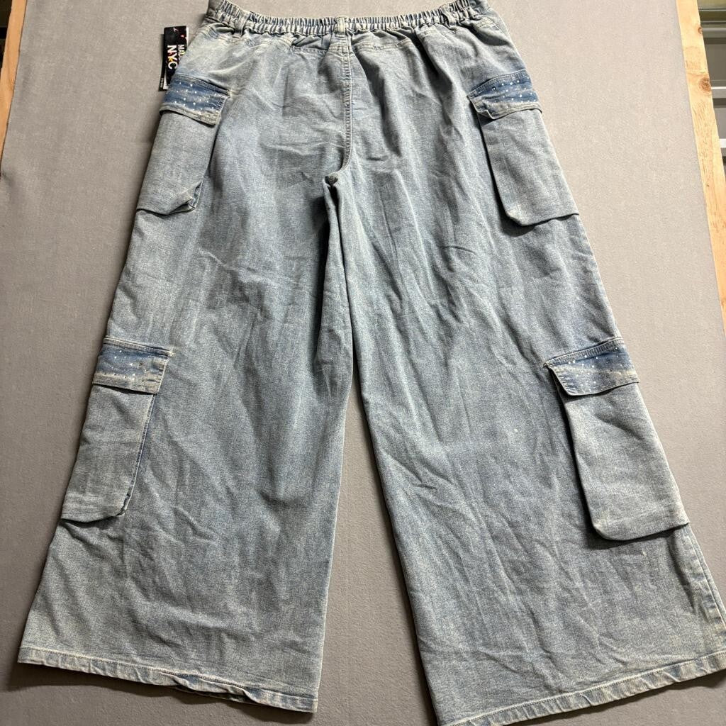 Madden NYC Cargo Jeans Womens XXL 20 Blue Denim Rhinestone High Rise Wide Leg