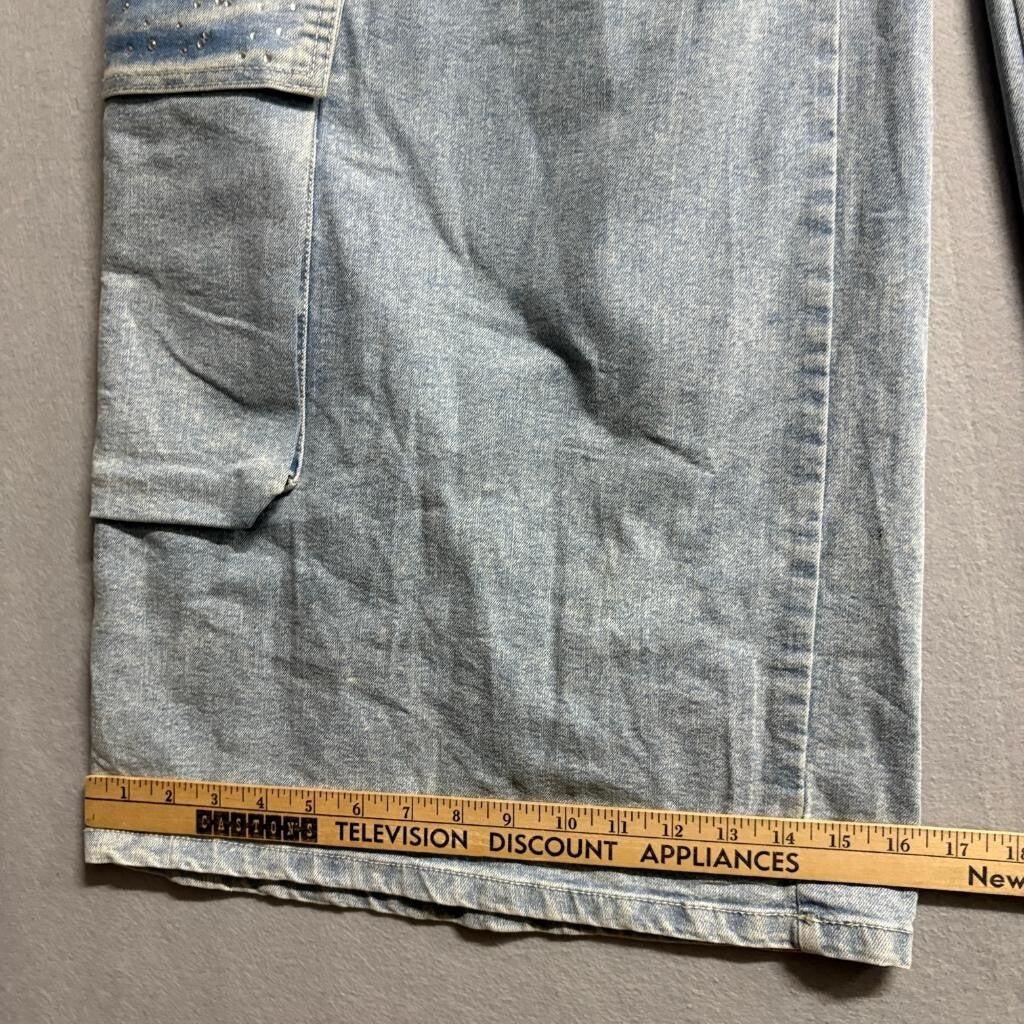 Madden NYC Cargo Jeans Womens XXL 20 Blue Denim Rhinestone High Rise Wide Leg