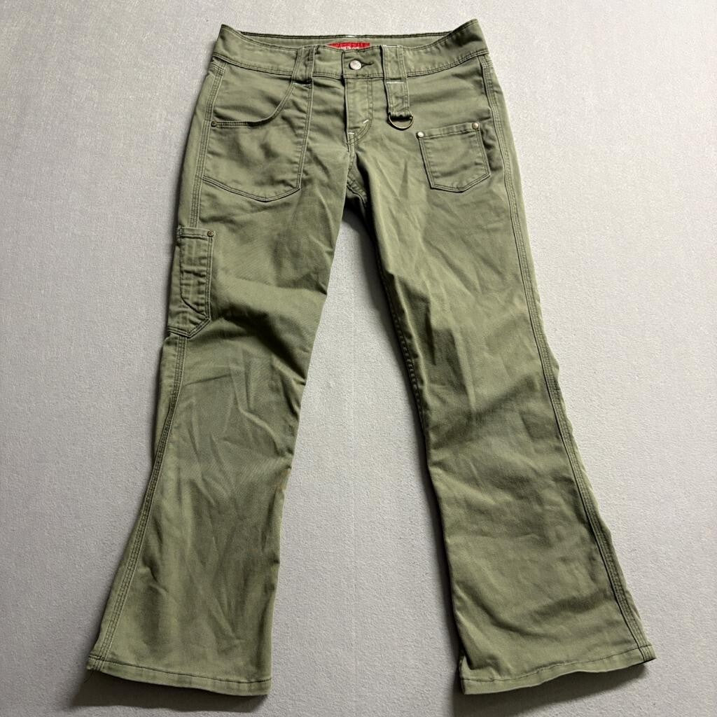 Levis Superlow Cargo Pants Womens 7M JR Green Low Rise Flare Utility Y2K