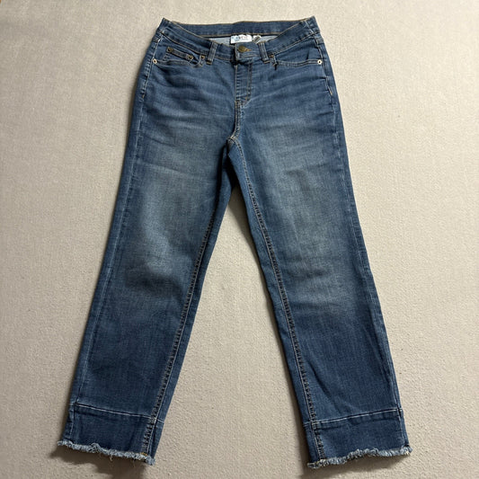 Denim & Co Womens Ankle Jeans Size 6P Blue Medium Wash Frayed Hem Stretch Petite