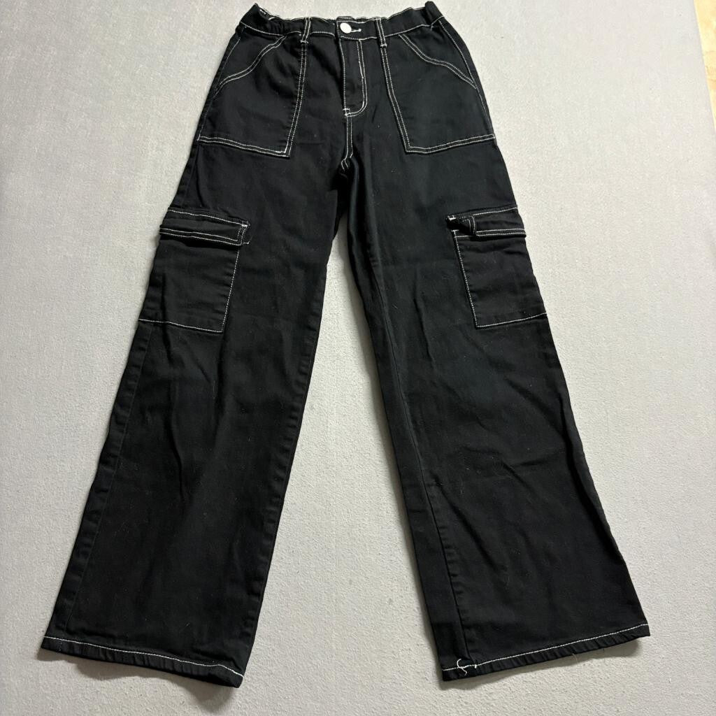 Forever 21 Womens Cargo Pants Medium Black Contrast Stitch Wide Leg Elastic