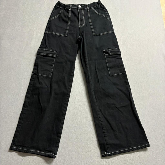 Forever 21 Womens Cargo Pants Medium Black Contrast Stitch Wide Leg Elastic