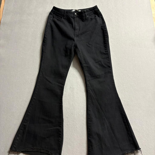 Premium Denimwear Womens Flare Jeans Size 13 L Black High Rise Raw Hem Stretch