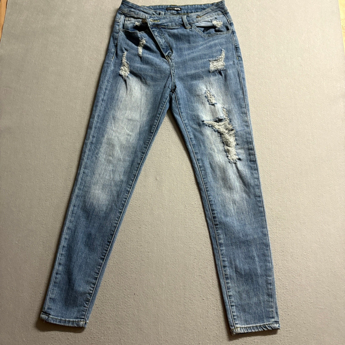 Fashion Nova Distressed Asymmetrical Jeans Womens Size 9 Blue Denim Skinny Leg