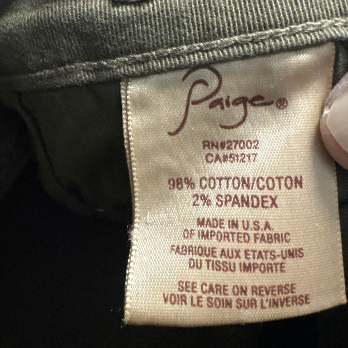 Paige Denim Peg Skinny Jeans Womens 28 Olive Green Stretch Made in USA