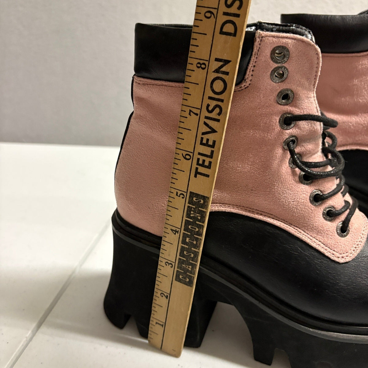 Lamoda Womens Size 7 Platform Combat Boots Black Pink Skull Print Lining Chunky