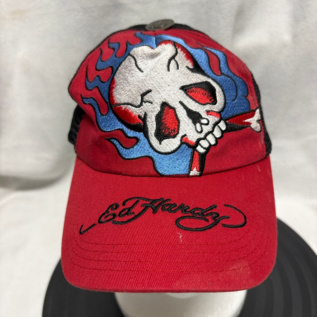 Ed Hardy Skull Flames Trucker Hat Red Black Mesh Snapback Vintage Tattoo Wear - Photo 2