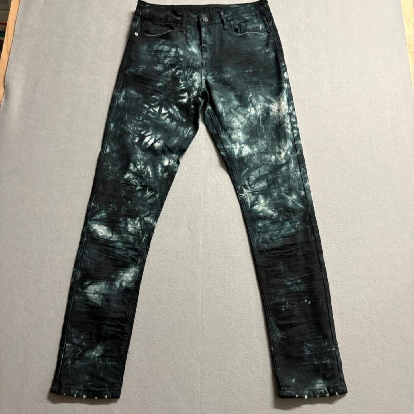 Rue21 Premium Supreme Flex Skinny Jeans Mens 30x32 Black Green Tie Dye Bleach