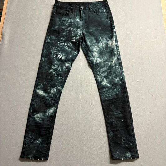 Rue21 Premium Supreme Flex Skinny Jeans Mens 30x32 Black Green Tie Dye Bleach