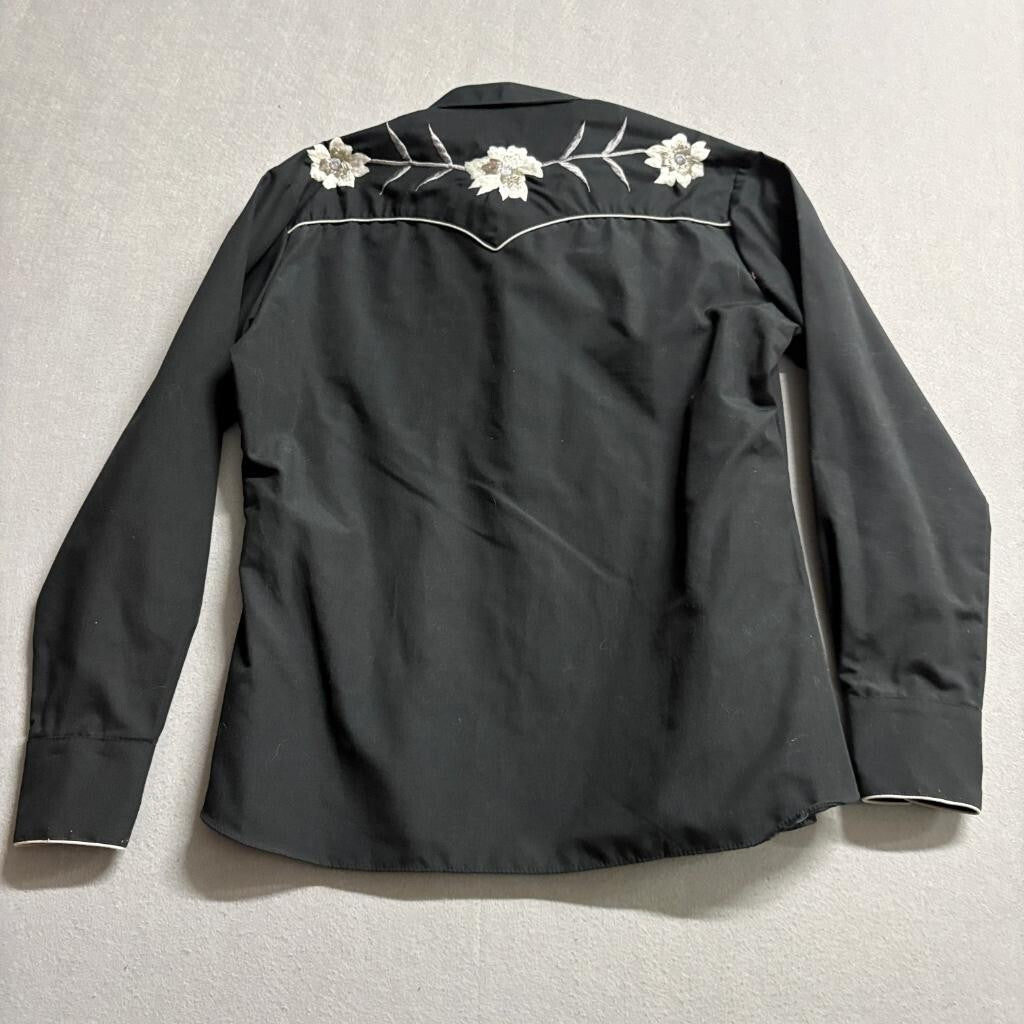 Vintage Karman Western Shirt Mens 40 Black Embroidered Floral Pearl Snap Cowboy