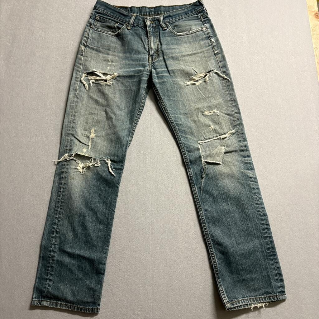 Levis 514 Slim Straight Jeans Mens 32x32 Distressed Ripped Blue Denim